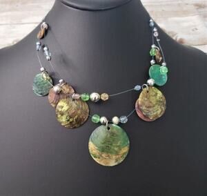 Vintage Necklace - Green & Brown Tone Circles On Wire